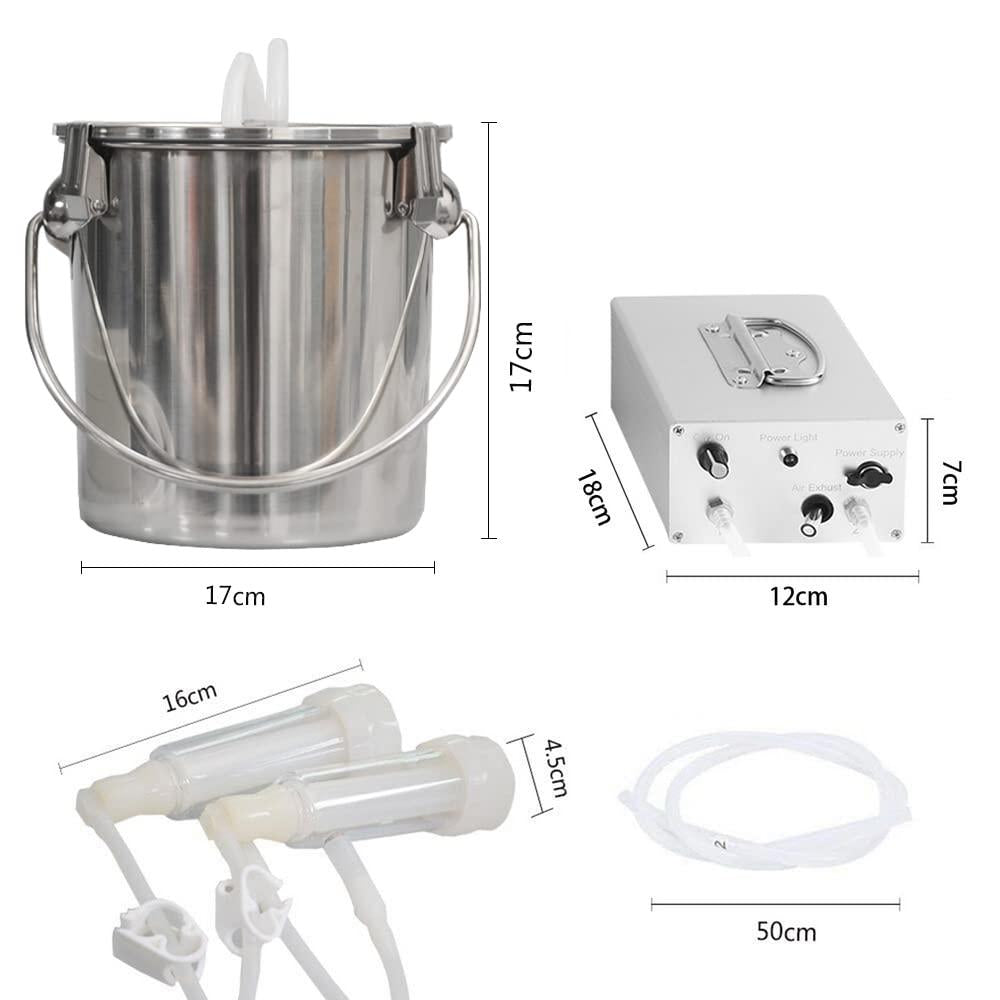3L Goat MilMachine,Rechargeable Battery Milker Powered Pulsation Vacuum Pump with 2 Teat Cups, Steel Buckets for Goats(5200mAh Battery)