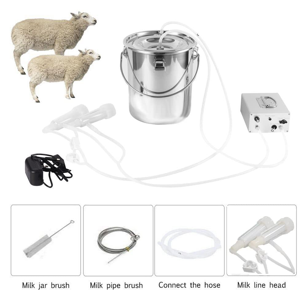 MAPOTAD 7L Goat Electric MilMachine, Automatic Rechargeable Battery Powered Pulsation Vacuum Pump with 2 Teat Cups  Steel Bucket for Goat(Battery Model)