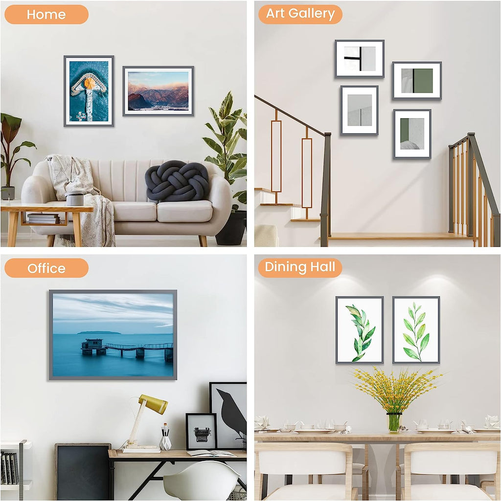 upsimples 11x14 Picture Frame Set of 5, Display Pictures 8x10 with Mat or 11x14 Without Mat, Wall Gallery Photo Frames, Dark Gray