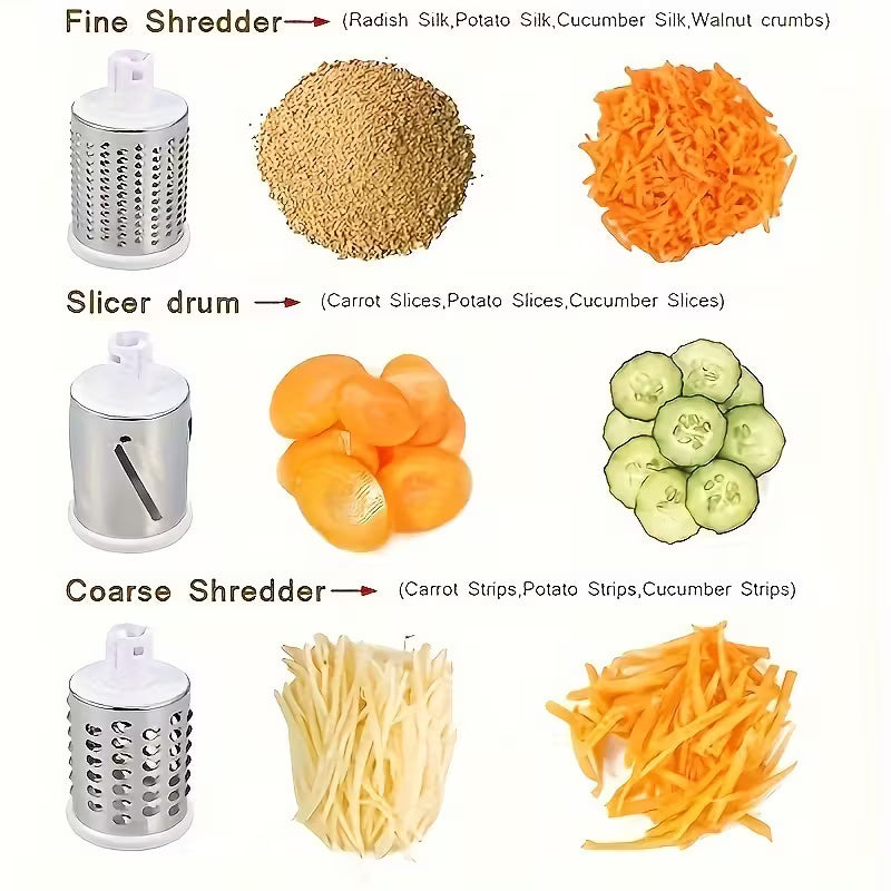 Rotary Cheese Grater and Vegetable Slicer - Kitchen Mandoline with 3 Interchangeable Blades, Easy-to-Clean for Fruits, Potatoes, Carrots, Nuts