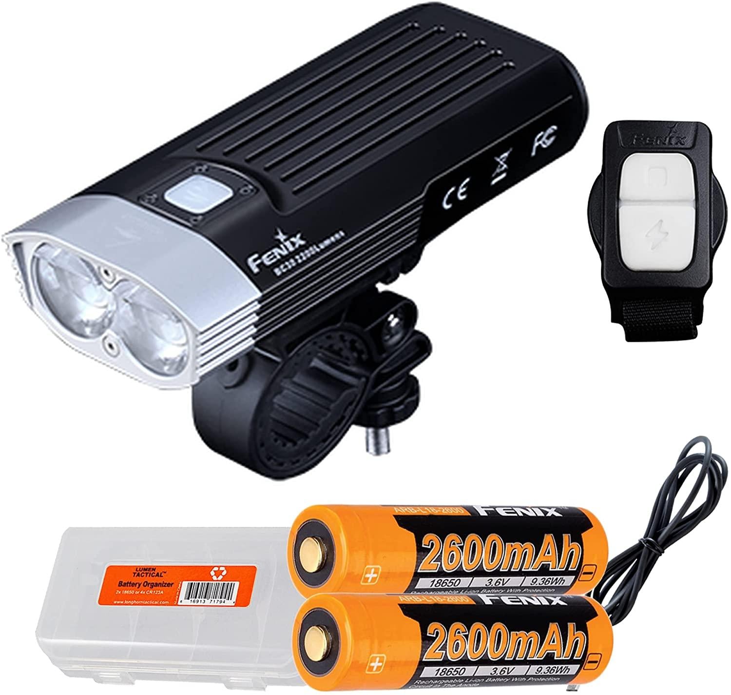 Fenix BC30 v2.0 Bicycle Light, 2200 Lumen Dual Beam with Wireless Remote and Two 2600mAh Rechargeable Batteries, Dual Slot Charger, and LumenTac Battery Case