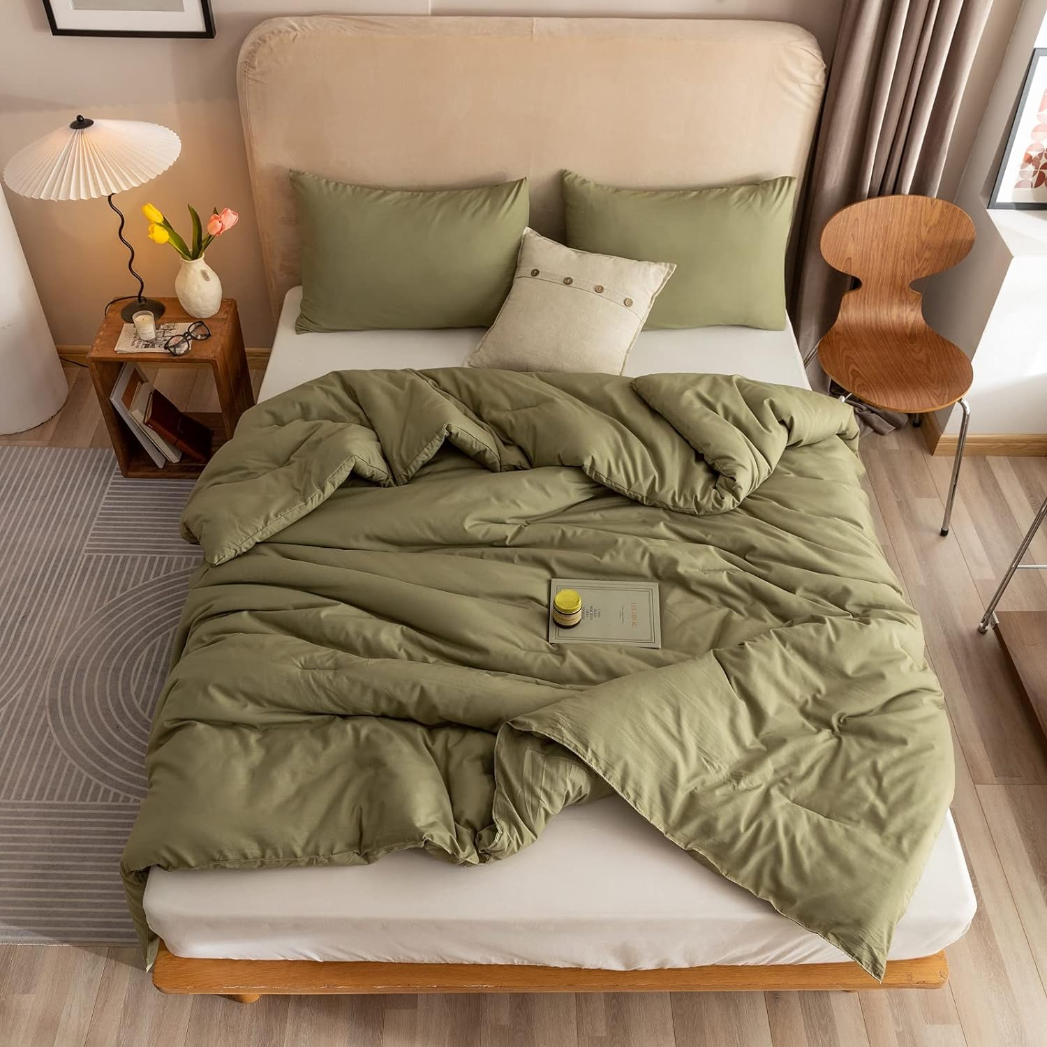 ROSGONIA Queen Comforter Set Olive Green,3pcs Bedding Sets Queen(1 Boho Olive Comforter &amp; 2 Pillowcases),Lightweight Comforter for Queen Size Bed,Cozy Blanket Set Fall Quilt for All Season,Gifts Ideas