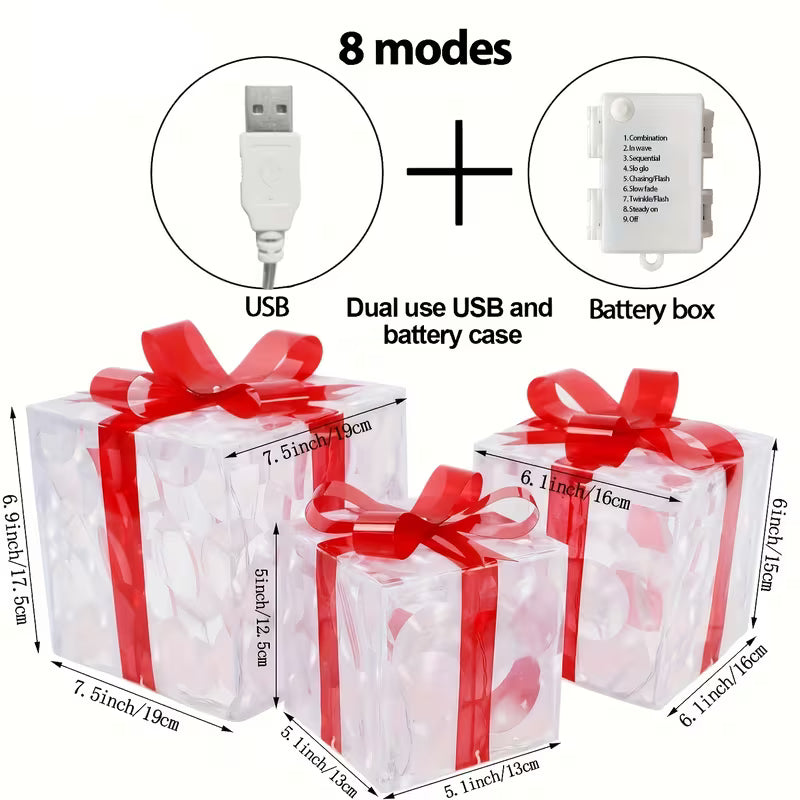 Set of 3 Christmas Lighted Gift Boxes, Transparent Warm White Lighted Christmas Box Decrations, Presents Boxs with Red Bows for Christams Tree, Yard, Home, Christams Decorations outdoor, Seasonal Ornaments, Holiday Decorations, Classic Christmas