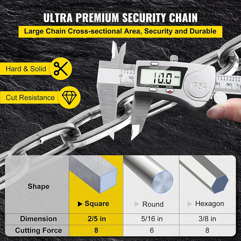 VEVOR Heavy Duty Chain Lock, 2/5 Inch x 9.83 Feet Security Chain and Lock Kit, Premium Case-Hardened Chain Pure Brass Lock Core with 3 Keys, Fit for Motorcycle, Generator, Gates, Bicycle, Scooter