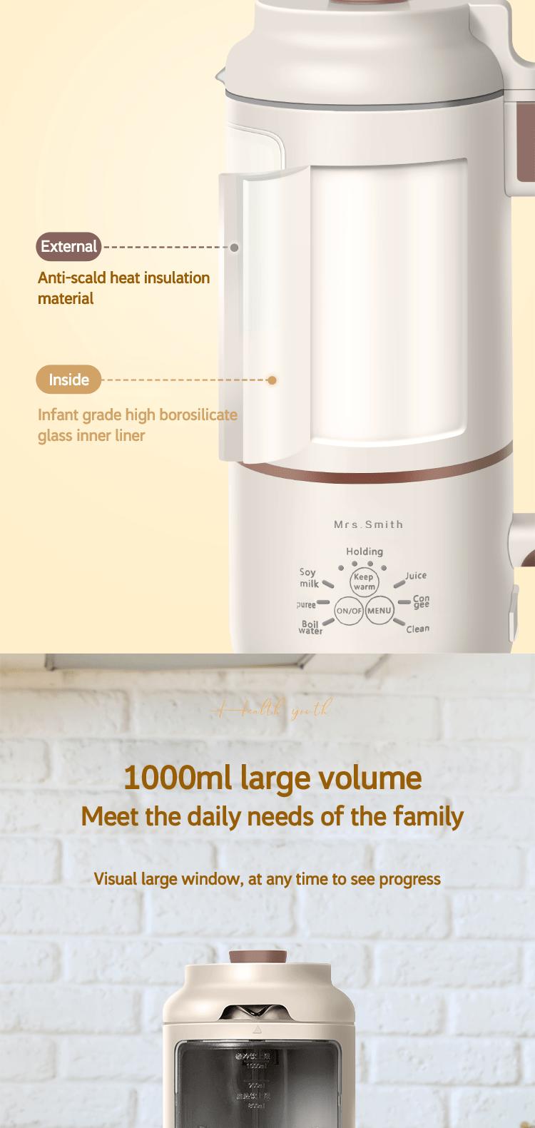 1000ml Portable Mini Soy Milk Maker with Filtering and Self-Cleaning - Perfect for 1-4 Person Households - Enjoy Fresh Soy Milk and Juices Anytime