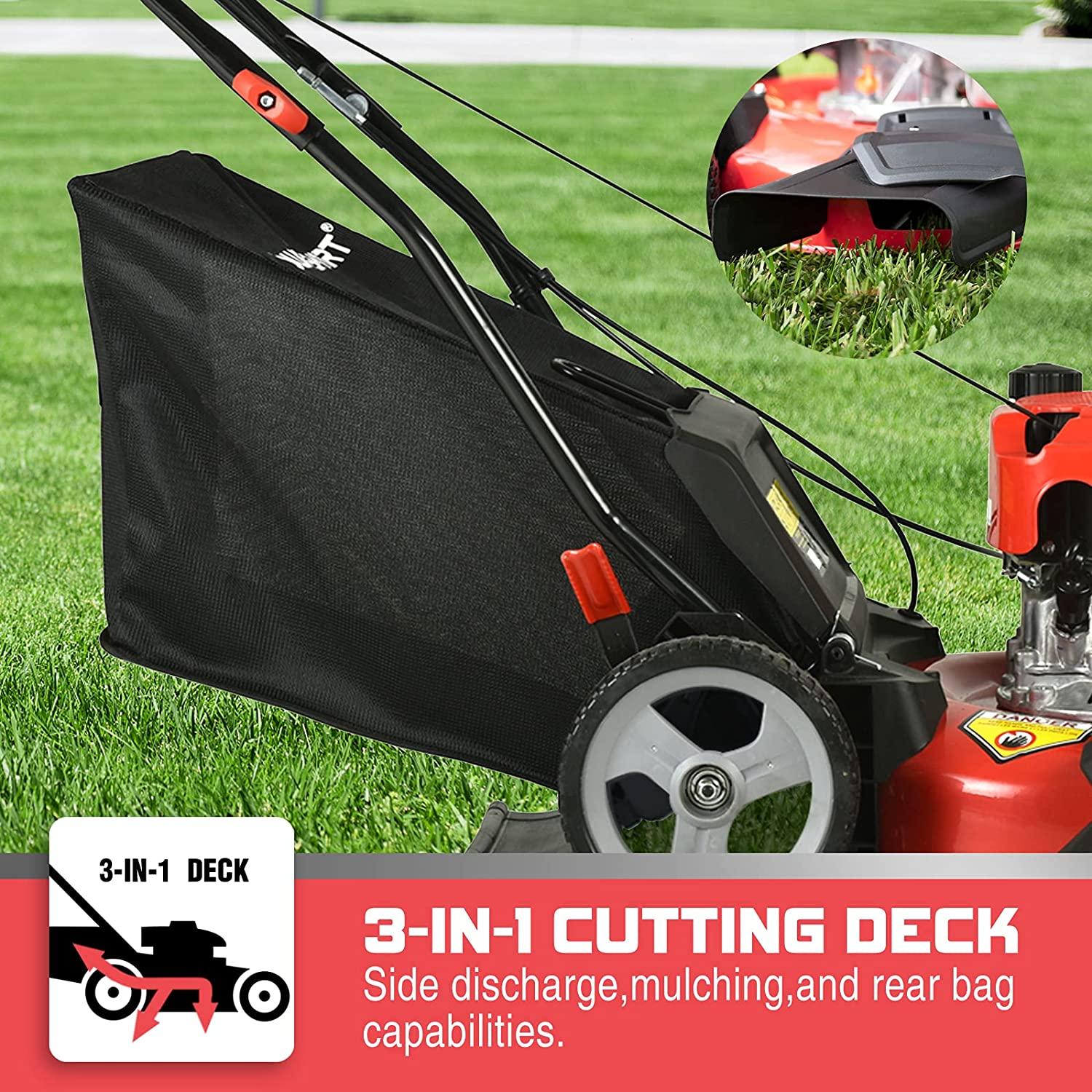 PowerSmart Push Lawn Mower Gas Powered - 21 Inch, 3-in-1 Gas Lawn Mower with Bag, 144cc 4-Stroke Engine, 5 Adjustable Heights 1.18"-3", Oil Included