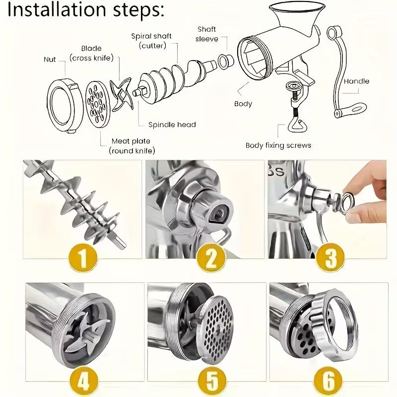 Manual Meat Grinder with Table Clamp - Heavy-Duty Stainless Steel Hand Crank Food Processor, No Electricity Needed, for Ground Meat, Vegetables, Spices
