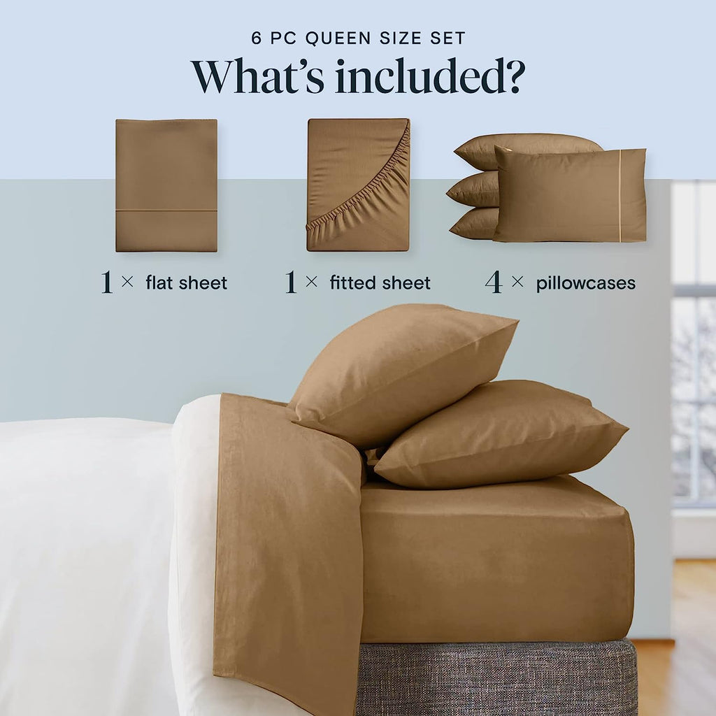 LuxClub 6 PC King Size Sheet Set Bamboo Sheets Deep Pockets 18" Eco Friendly Wrinkle Free Cooling Sheets Machine Washable Hotel Bedding Silky Soft - Dark Khaki King