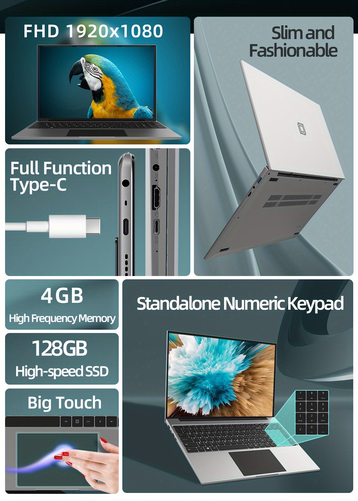 Jumper Laptop 16 Inch FHD Display, Intel Celeron Quad Core CPU, 4GB DDR4 128GB Storage, For Windows 11 Laptop Computer With Office 365 1-Year Subscription Included, 2 Stereo Speakers