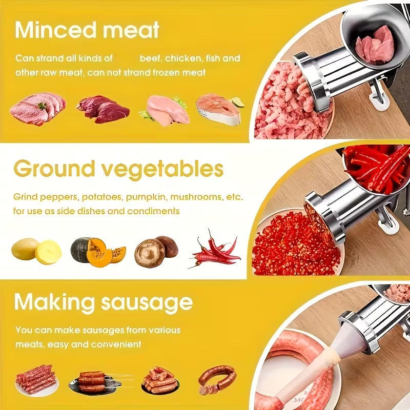 Manual Meat Grinder with Table Clamp - Heavy-Duty Stainless Steel Hand Crank Food Processor, No Electricity Needed, for Ground Meat, Vegetables, Spices