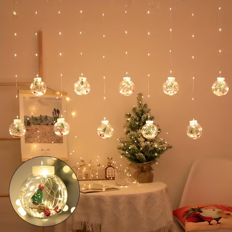 LED Christmas Curtain Lights with Wishing Ball & Snowman Tree Hanging Decorations - -Powered Indoor/Outdoor Holiday Lights with Push Button Control, Door, Or Tabletop Display - Durable Plastic & Copper Wire Design For Christmas, Halloween