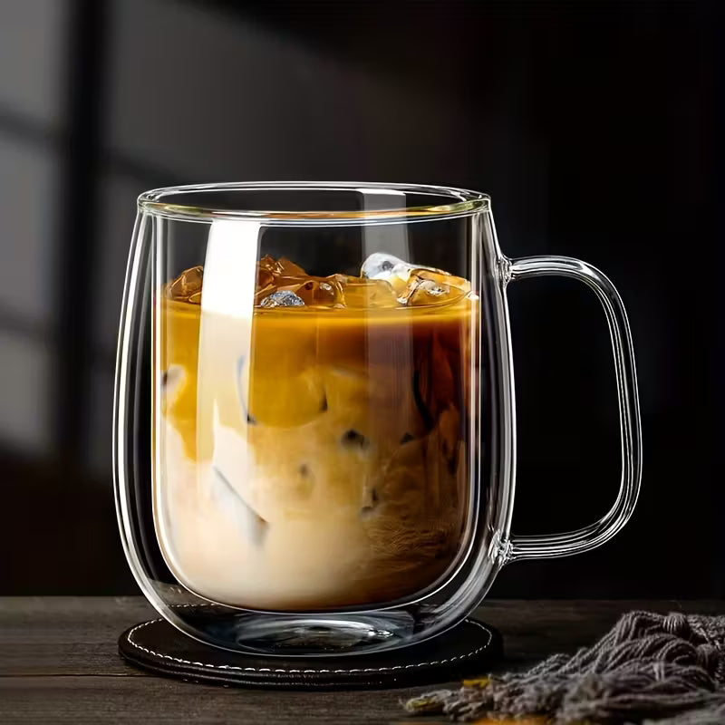 2/4pcs High Borosilicate Double-Layer Glass Mugs | Transparent Heat-Insulated Water Cup with Handles, Large Capacity, Perfect for Coffee, Tea, And Smoothies, Burn Prevention | Durable Glass, Transparent Design, Hand Wash Only