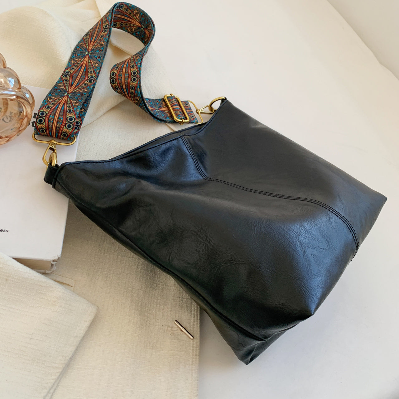 Geometric Strap Hobo Bag, LarCapacity Crossbody Bag, Women's Retro Style Shoulder Bag