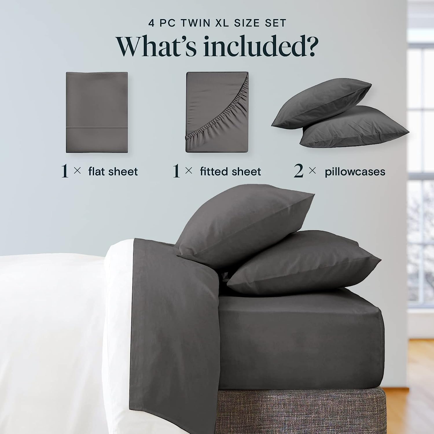 LuxClub Twin XL Sheets Set - Soft Kids Twin Bed Sheets for Boys and Girls, 4 PC Deep Pockets 18" Eco Friendly Wrinkle Free Fitted Sheets Machine Washable Hotel Bedding Silky Soft- Dark Grey Twin XL