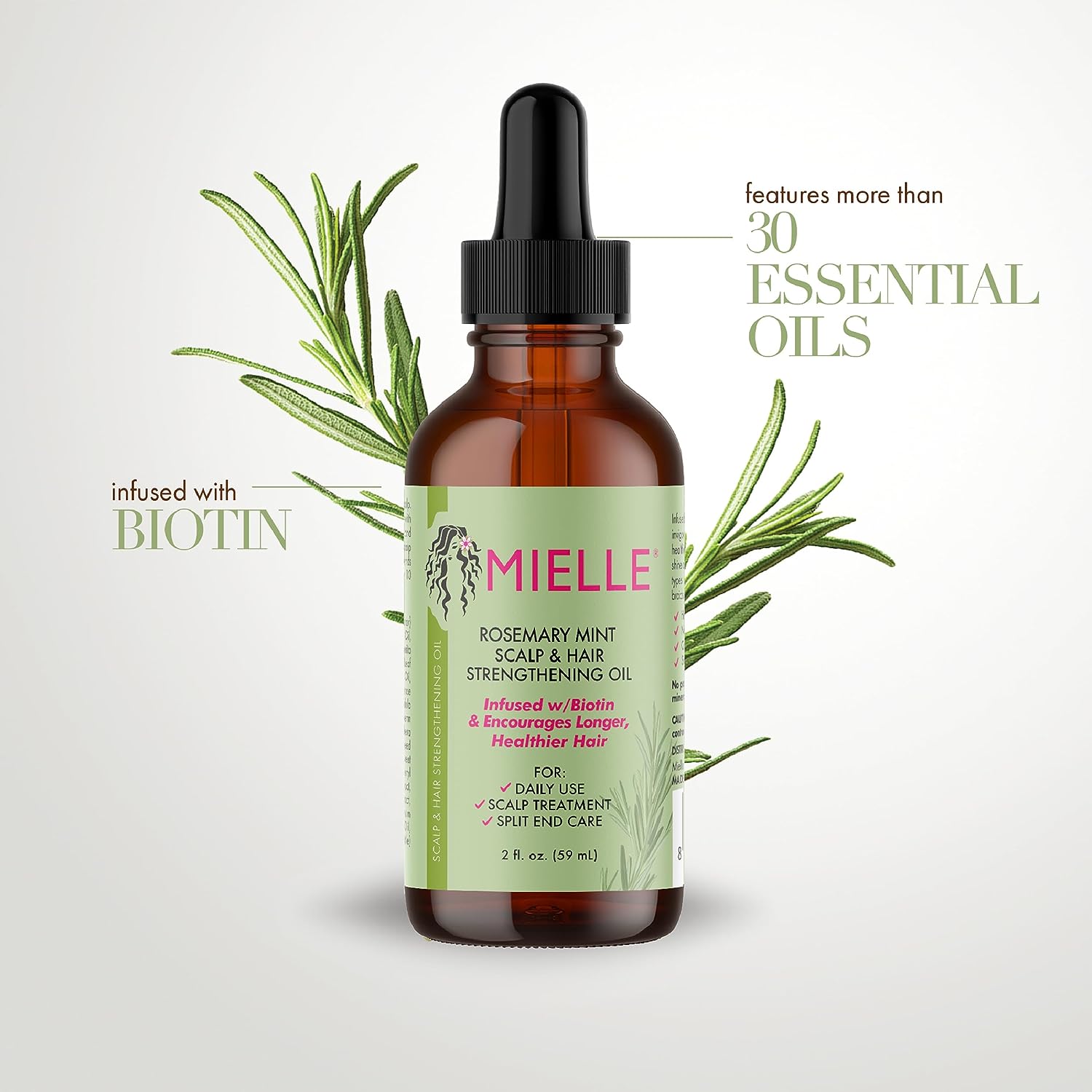Mielle Organics Rosemary Mint Scalp &amp; Hair Strengthening Oil With Biotin &amp; Essential Oils, Nourishing Treatment for Split Ends and Dry Scalp for All Hair Types, 2-Fluid Ounces