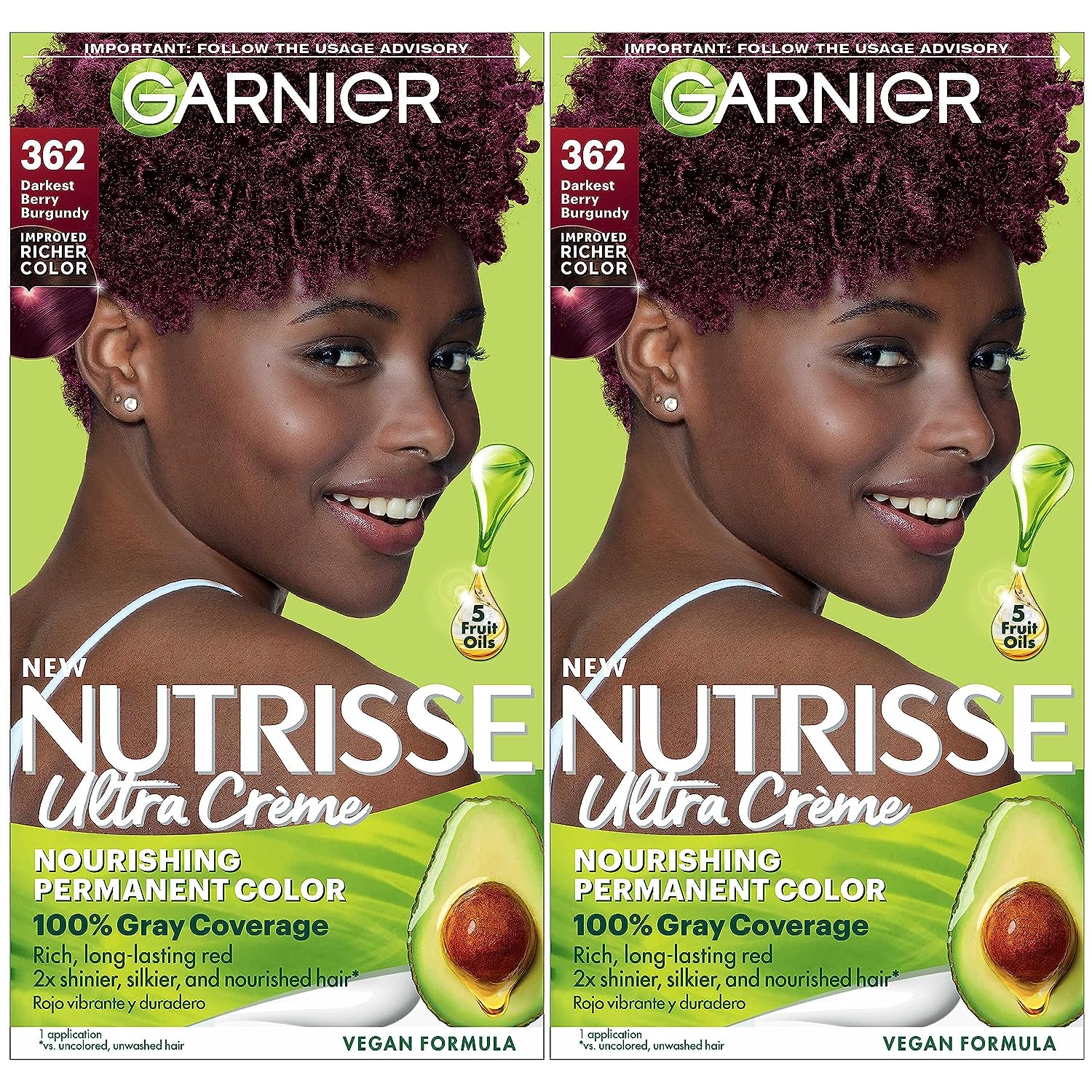 Garnier Hair Color Nutrisse Nourishing Creme, 362 Darkest Berry Burgundy (Raspberry Jam) Red Permanent Hair Dye, 2 Count (Packaging May Vary)