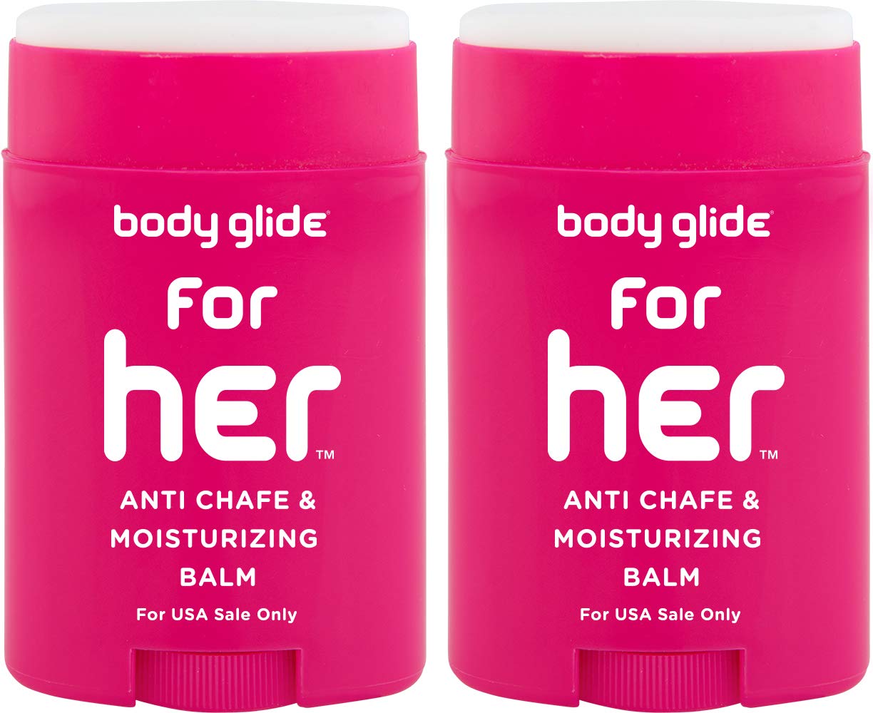 Body Glide For Her Anti Chafe Balm: anti chafing stick with added emollients. Prevent rubbing leading to chafing, raw skin, and irritation. Use for arm, bra, butt, groin, &amp; thigh chafing: 1.5oz-2pk