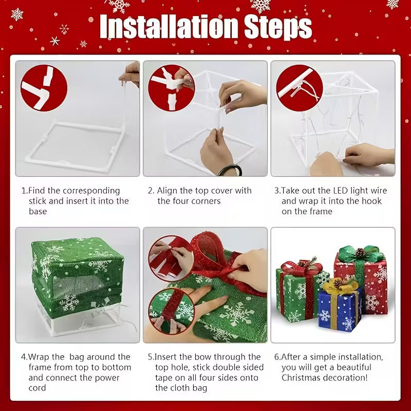 3pcs Lighted Christmas Gift Box Set with Warm LED Lights & Snowy Ribbon Bows - Battery-Powered Indoor/Outdoor Plastic Decorations with Stake Installation, Classic Winter Design for Xmas Tree, Yard, Home - Cordless Holiday Decor (Batteries Not Includ