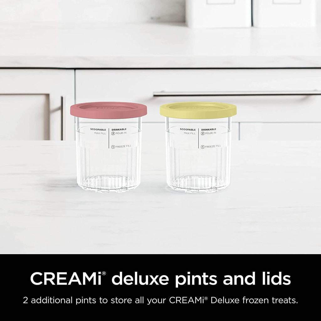 Ninja XSKPNTLD2 Creami Deluxe Pints 2 Pack, compatible with nc500 series creami deluxe ice cream makers, bpa-free & dishwasher safe, coral and yellow, 16 oz, coral & yellow lids