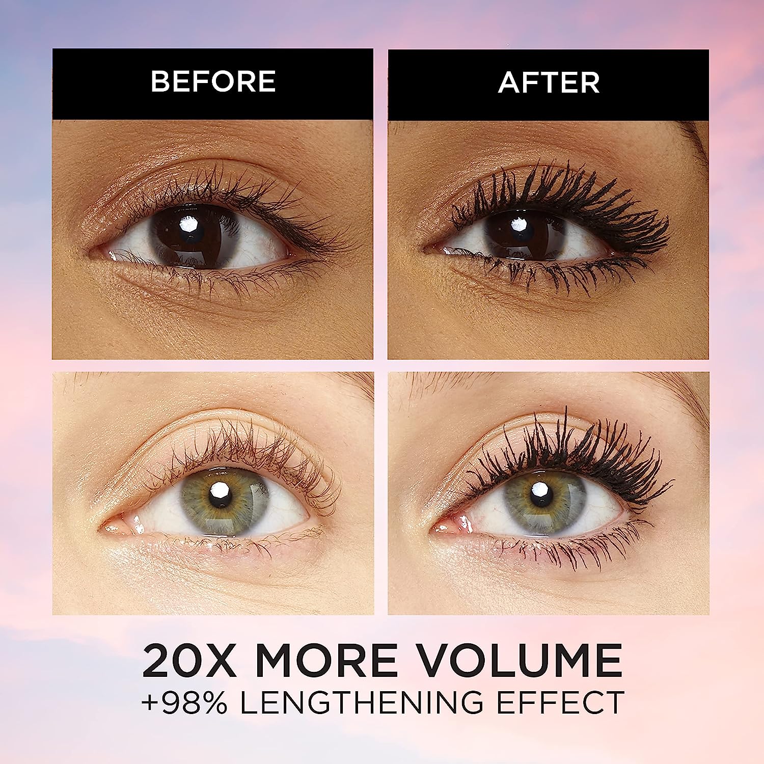 L'Oreal Paris Voluminous Makeup Lash Paradise Mascara, Voluptuous Volume, Intense Length, Feathery Soft Full Lashes, No Flaking, No Smudging, No Clumping, Black Brown, 2 Count, Packaging May Vary