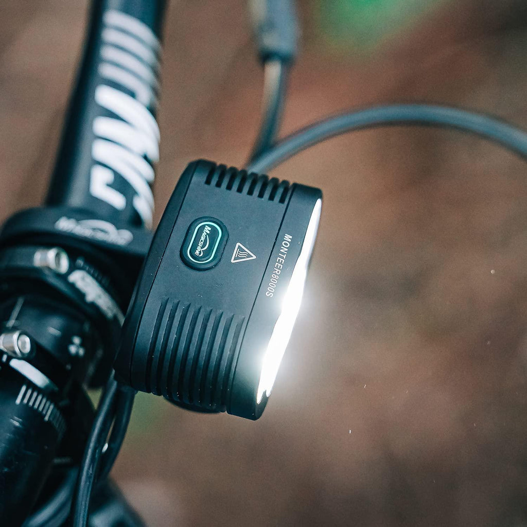 Magicshine Monteer 8000S Galaxy Bike Headlight, V2 Remote Version. 4800 Lumen Flood Beam with 3200 Lumen spot Beam. 10,000mAh Type-C Battery Pack with Reverse Charging. IP65 Waterproof. The Ultimate MTB Light.