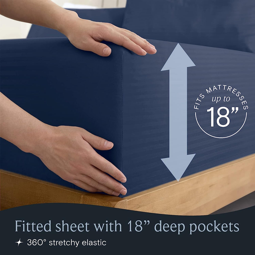 LuxClub Queen Size Striped Sheets Set, 6 PC Striped Bed Sheets, Deep Pockets 18" Eco Friendly Wrinkle Free Cooling Sheets Machine Washable Hotel Bedding Silky Soft (Queen, Striped Navy)