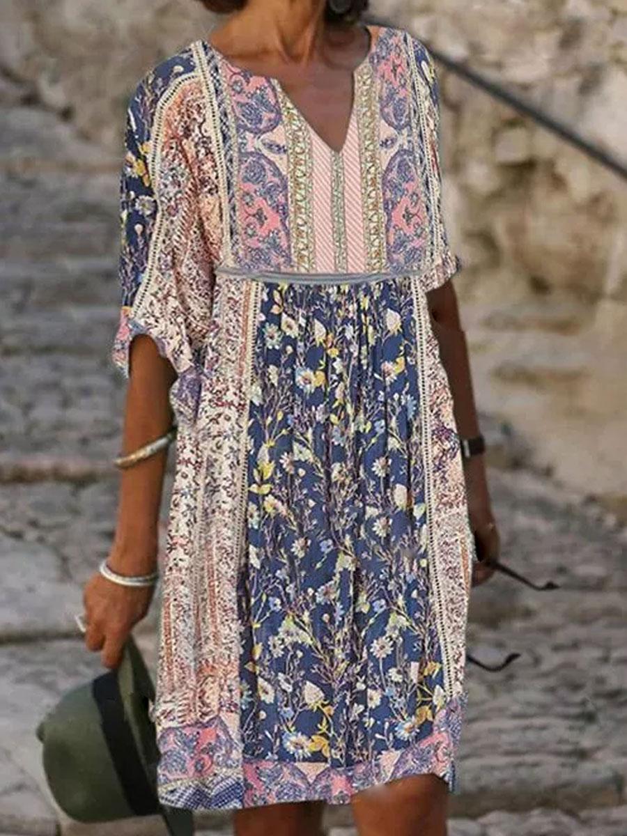 V-neck Floral Print Loose Casual Long-sleeved Shift Dress