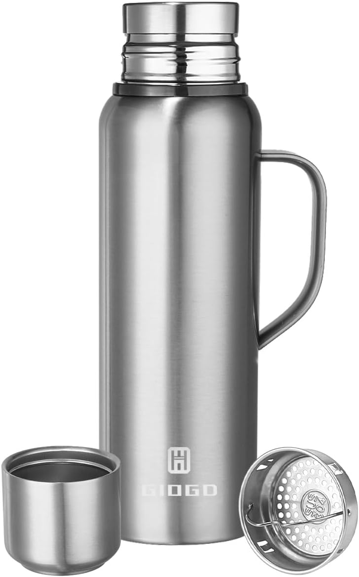 Insulated vacuum Thermo Bottle 1000ml/33.8oz with cup Stainless steel coffee bottles for hot and cold drink water flask.
