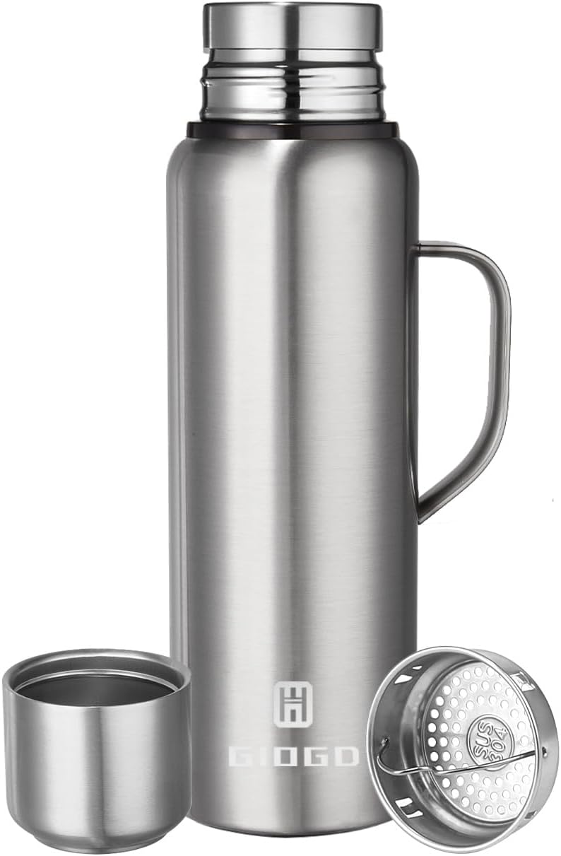 Insulated vacuum Thermo Bottle 1000ml/33.8oz with cup Stainless steel coffee bottles for hot and cold drink water flask.