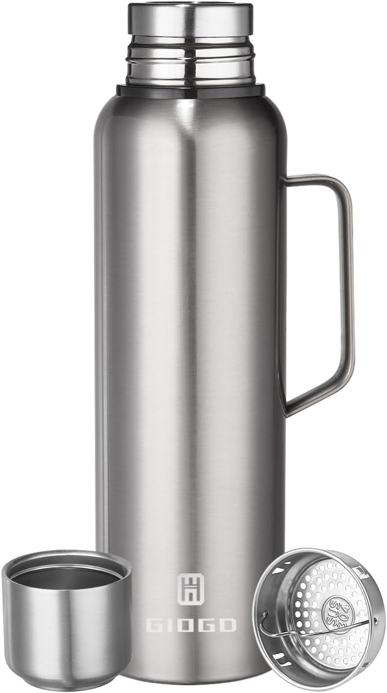 Insulated vacuum Thermo Bottle 1000ml/33.8oz with cup Stainless steel coffee bottles for hot and cold drink water flask.
