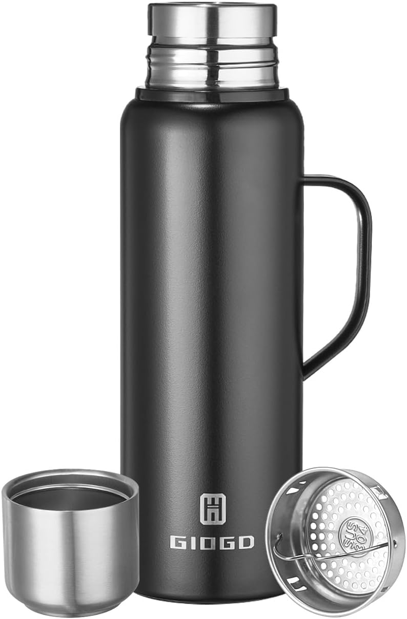 Insulated vacuum Thermo Bottle 1000ml/33.8oz with cup Stainless steel coffee bottles for hot and cold drink water flask.