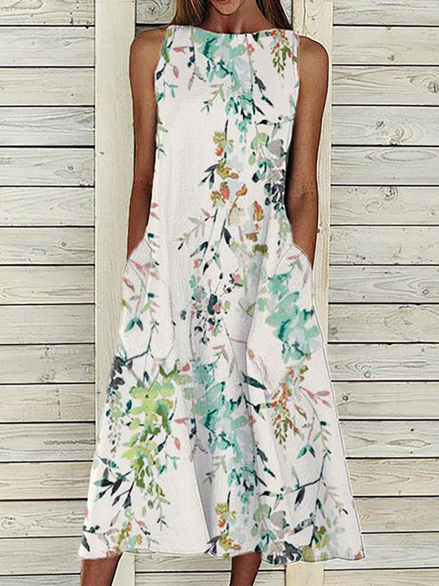 Casual Flower Leaf Print Round Neck Sleeveless Maxi Dress
