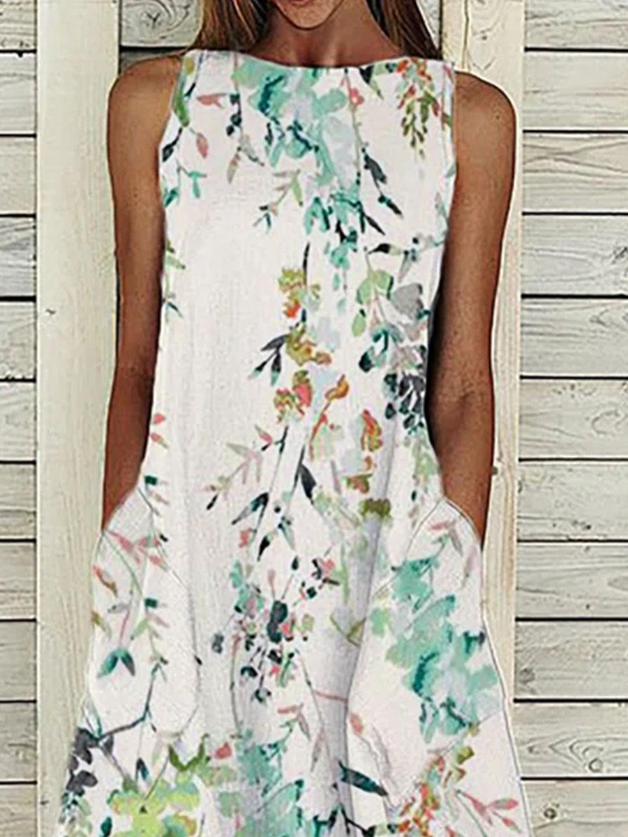 Casual Flower Leaf Print Round Neck Sleeveless Maxi Dress