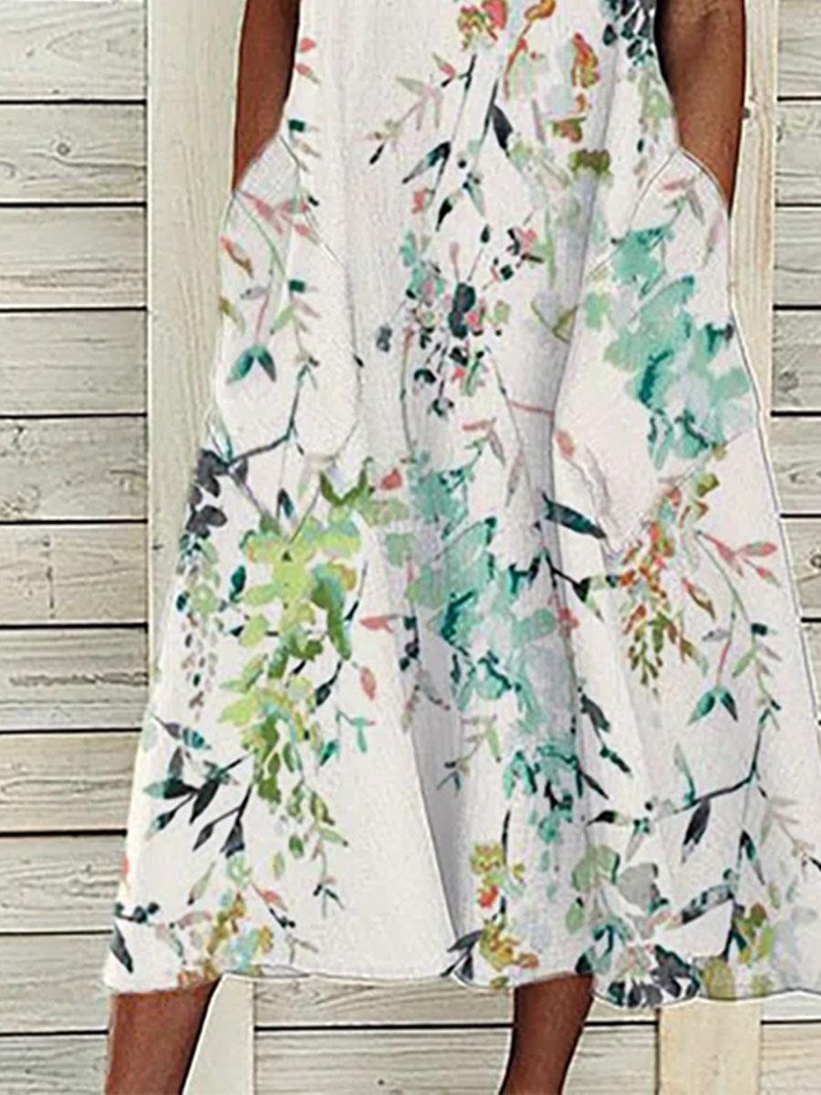 Casual Flower Leaf Print Round Neck Sleeveless Maxi Dress