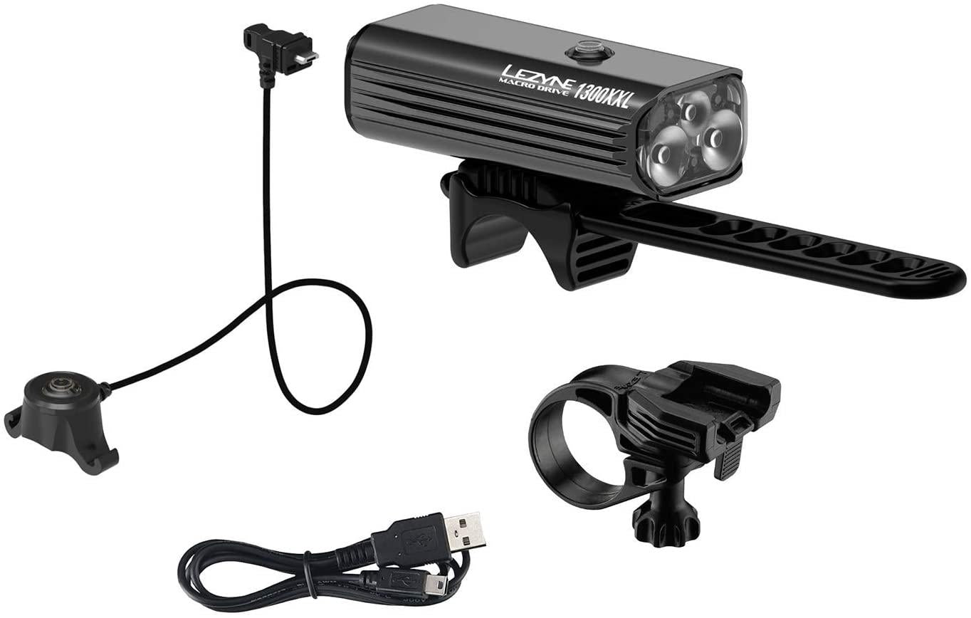LEZYNE Macro Drive 1300XXL Bicycle Headlight Loaded Kit, Bright 1300 Lumens, 148H Runtime, Includes Remote Switch, Silicon Strap, 31.8 cm Mount, USB Charging Cable, Front Bike Light Kit