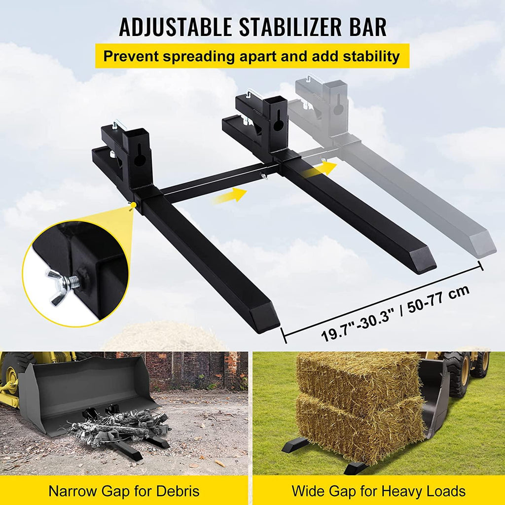 Mophorn Pallet Forks 33.5" 2000 Lbs Max, Clamp On Tractor Bucket Forks with Adjustable Stabilizer Bar, Heavy Duty Front Loader Forks 46.9" Total Length, Fork Attachment for Skid Steer,Loader Bucket