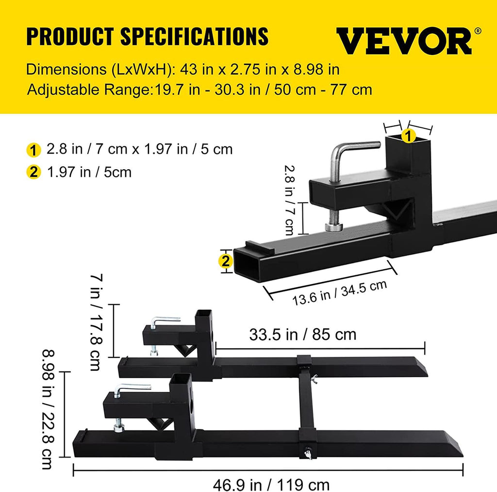 Mophorn Pallet Forks 33.5" 2000 Lbs Max, Clamp On Tractor Bucket Forks with Adjustable Stabilizer Bar, Heavy Duty Front Loader Forks 46.9" Total Length, Fork Attachment for Skid Steer,Loader Bucket