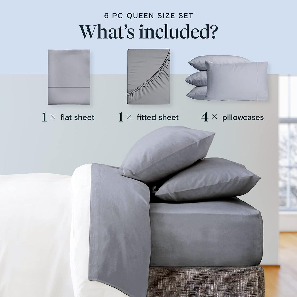 LuxClub 6 PC Sheet Set w/ 18 inch Deep Pockets - Eco Friendly, Wrinkle Free, Hypoallergentic, Fade Resistant, Silky, Stronger &amp; Softer Than Cotton -Silver California King