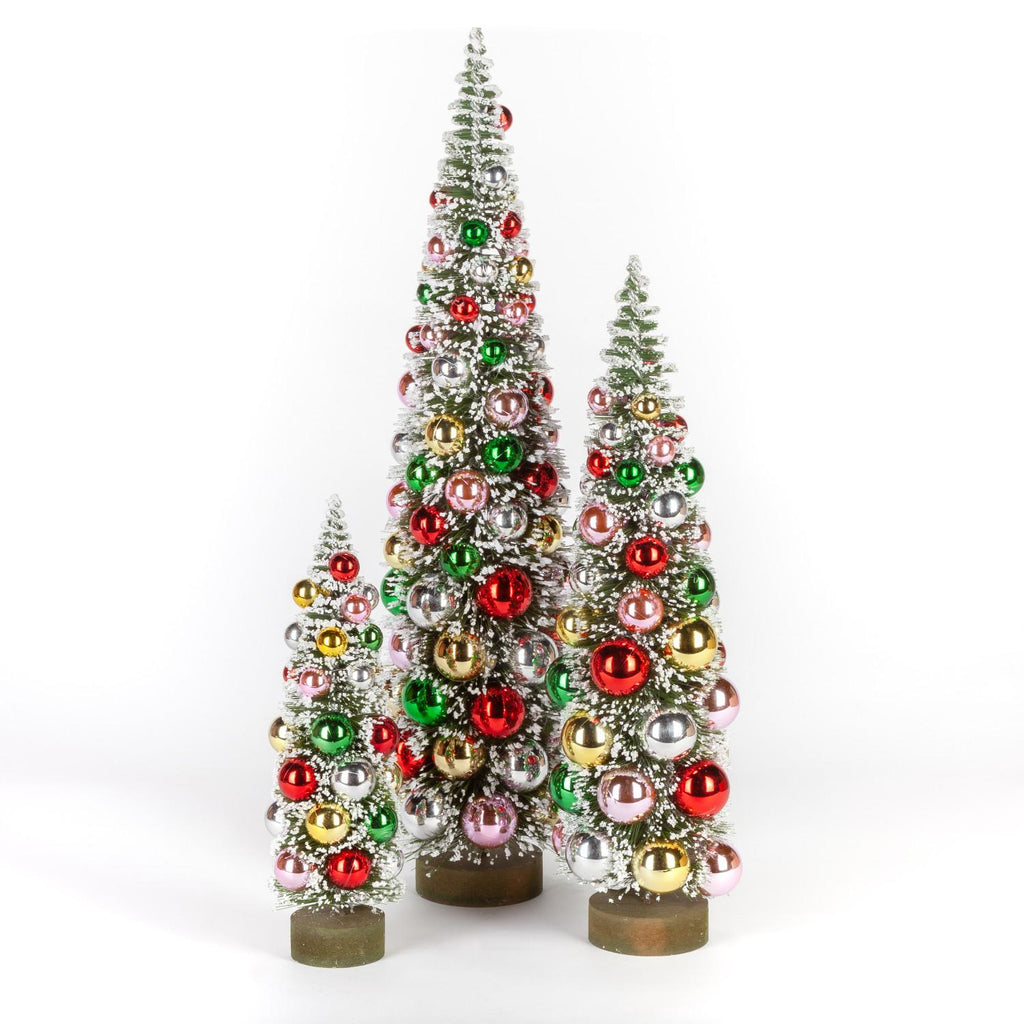 Gerson Set of 3 Assorted PVC Bottle Brush Trees with Ornaments and Base