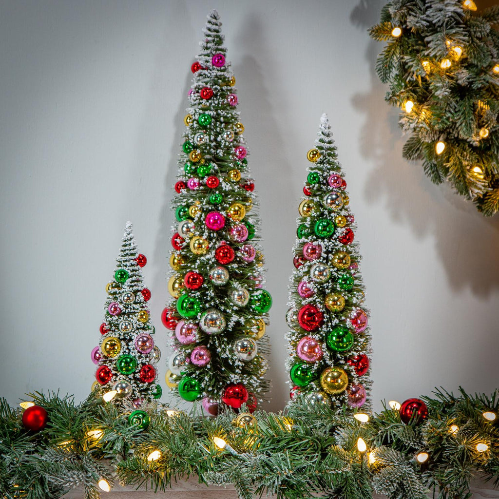 Gerson Set of 3 Assorted PVC Bottle Brush Trees with Ornaments and Base