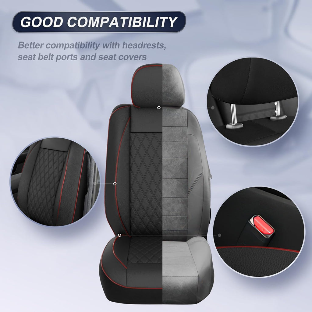GIANT PANDA Front Car Seat Cover for Ford F150, Piping Leather Bucket Seat Covers Custom Fit Ford F250 F350 (Red+Black) 2-Pack, Faux Leather + Stretch Fabric