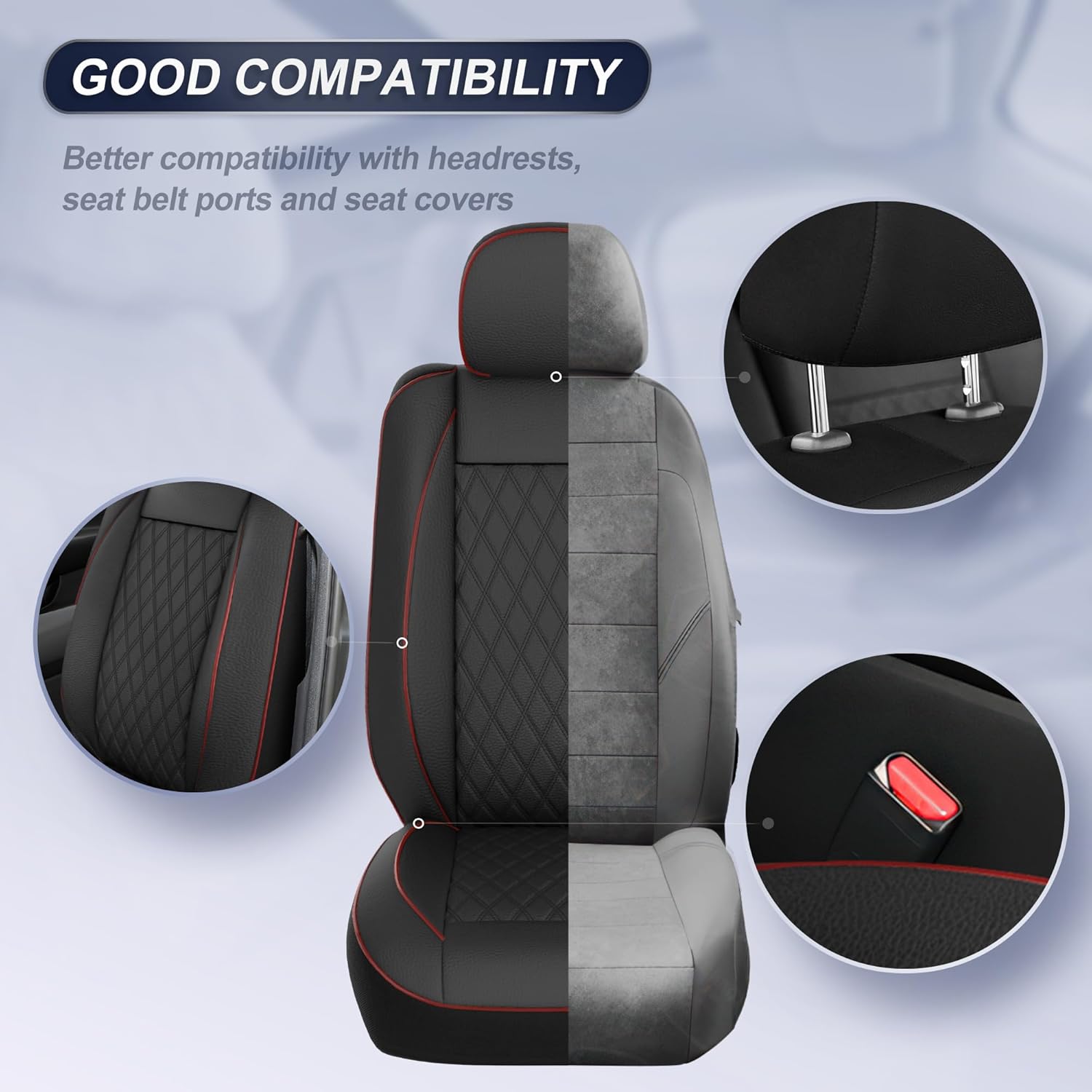 GIANT PANDA Front Car Seat Cover for Ford F150, Piping Leather Bucket Seat Covers Custom Fit Ford F250 F350 (Red+Black) 2-Pack, Faux Leather + Stretch Fabric