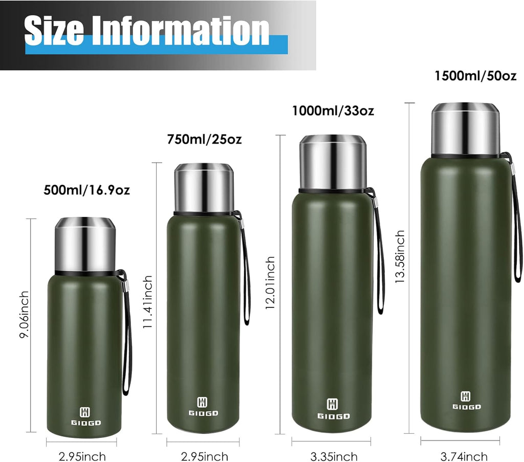 Insulated vacuum Thermo Bottle 1000ml/33.8oz with cup Stainless steel coffee bottles for hot and cold drink water flask.