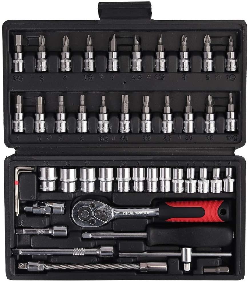 SGZYJ 1/4" 5-25Nm Ratchet Torque Wrench Square Drive Click Car Hand Tool Adjustable 46 Pcs Hand Tools for Car Bike Repair Tool