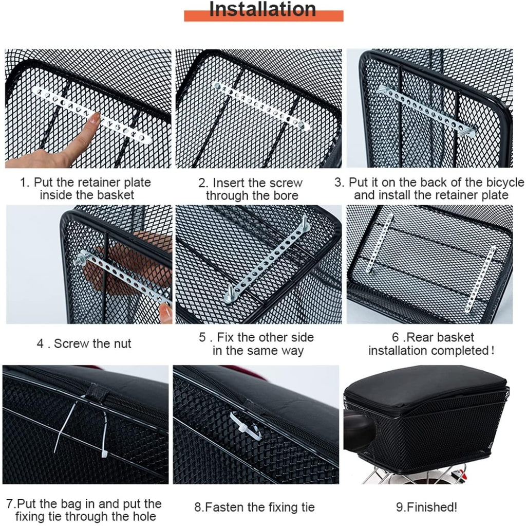 DALIZHAI777 Bike Bag Rear Bike Basket Large Capacity Metal Wire Bicycle Basket with Waterproof Rainproof Cover Black Bicycle Basket, Easy to Install Bicycle Accessories