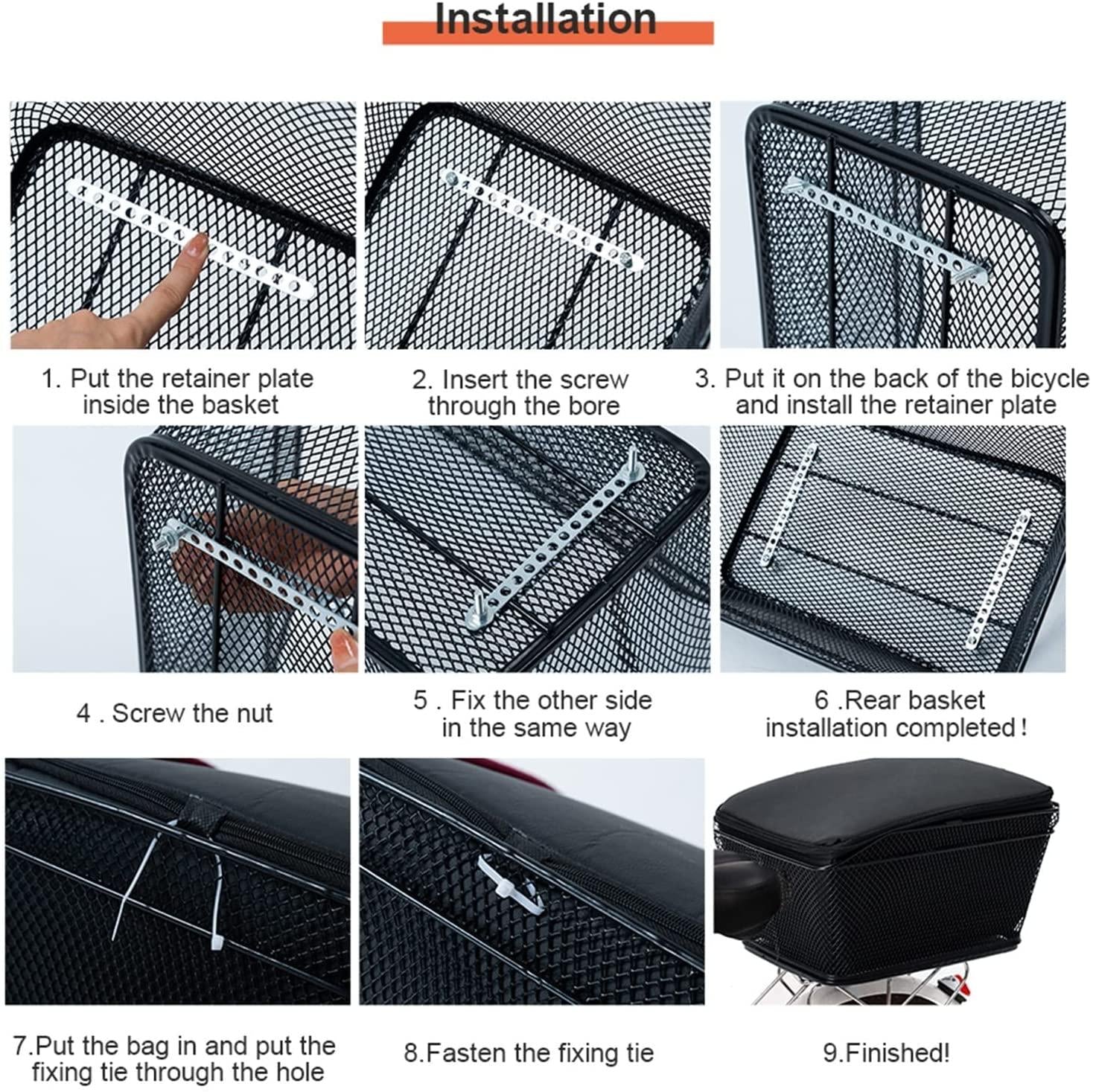 DALIZHAI777 Bike Bag Rear Bike Basket Large Capacity Metal Wire Bicycle Basket with Waterproof Rainproof Cover Black Bicycle Basket, Easy to Install Bicycle Accessories
