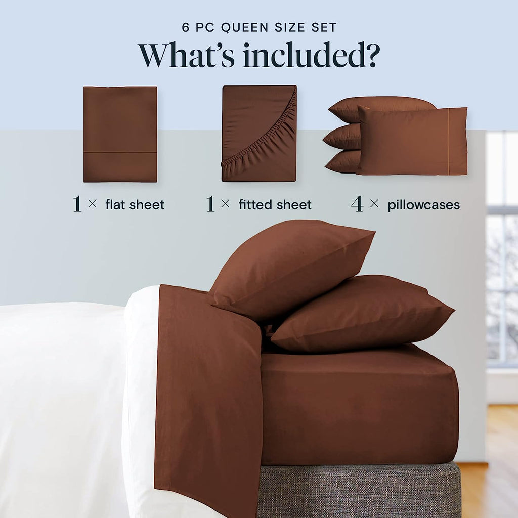LuxClub 6 PC Full Size Sheet Set Bamboo Sheets Deep Pockets 18" Eco Friendly Wrinkle Free Cooling Sheets Machine Washable Hotel Bedding Silky Soft - Brown Full