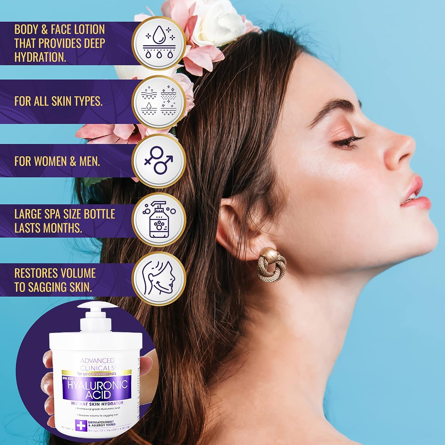 Advanced Clinicals Hyaluronic Acid Body Lotion &amp; Face Moisturizer W/Vitamin E | Hydrating Dry Skin Firming Lotion Minimizes Look Of Wrinkles, Stretch Marks, &amp; Crepey Skin | Skin Care Products, 16 Oz