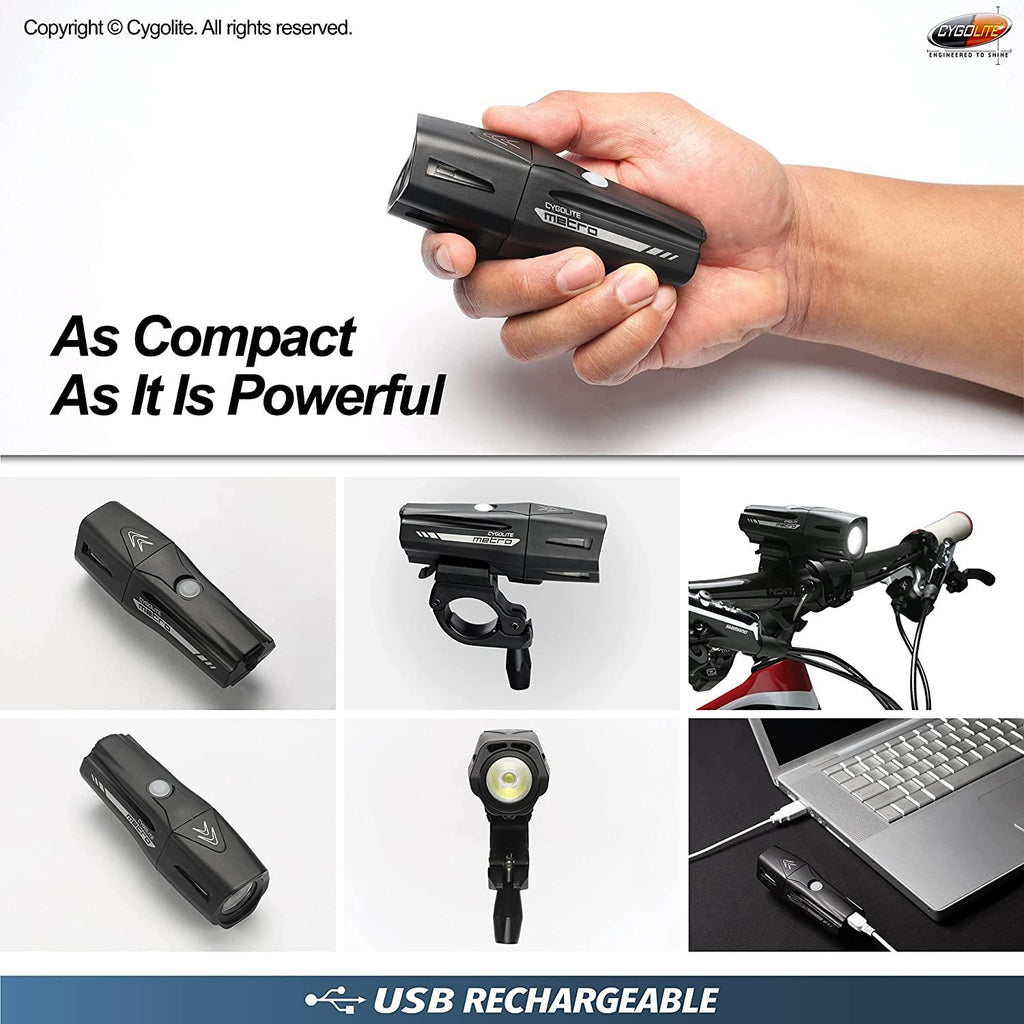 Cygolite Metro Pro – 1,100 Lumen Bike Light – 9 Night & Day Modes – Compact & Durable – IP67 Waterproof – Secured Hard Mount – USB Rechargeable Headlight – For Road, Mountain, Commuter Bicycles, Black