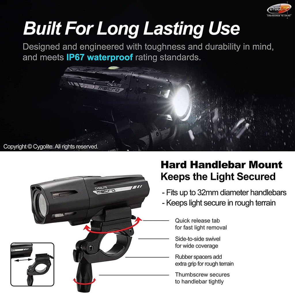 Cygolite Metro Pro – 1,100 Lumen Bike Light – 9 Night & Day Modes – Compact & Durable – IP67 Waterproof – Secured Hard Mount – USB Rechargeable Headlight – For Road, Mountain, Commuter Bicycles, Black